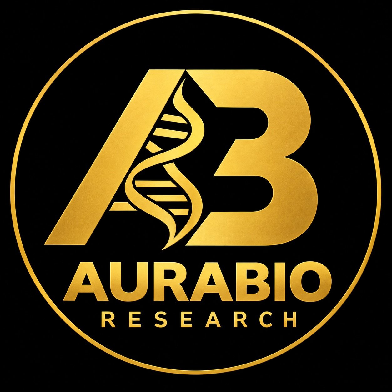 AuraBio Research — gold AB DNA monogram on black